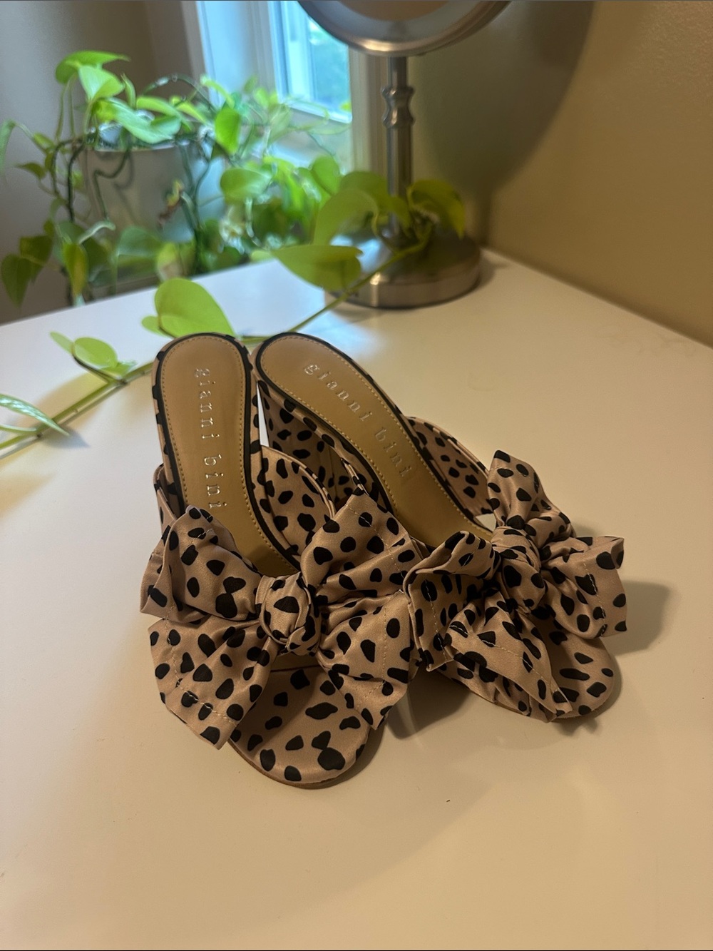 Gianni Bini Beige and Black Polka Dot Bow Slide Heels